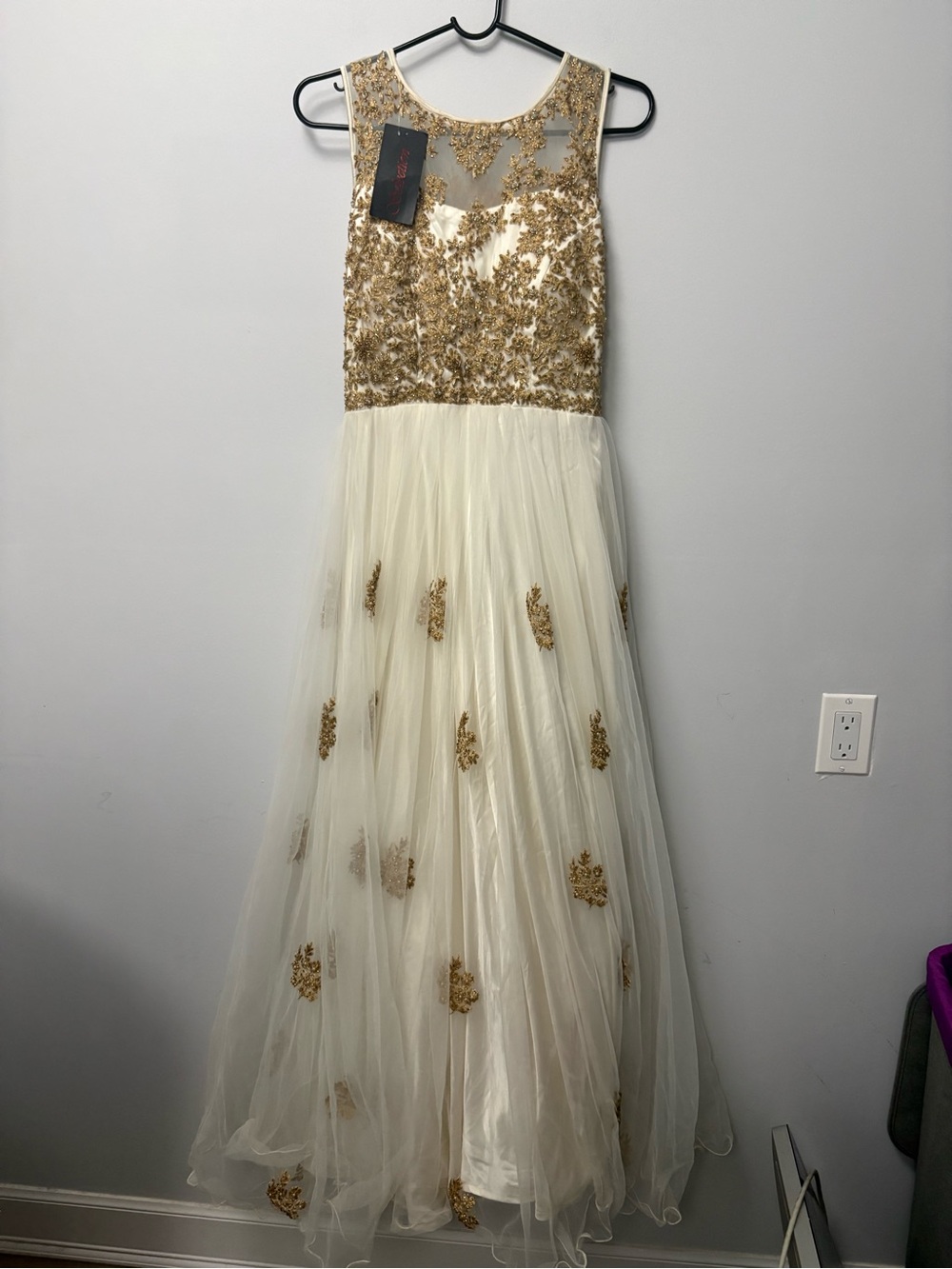 white and Gold Embellished Tulle Gown indian wedding dress